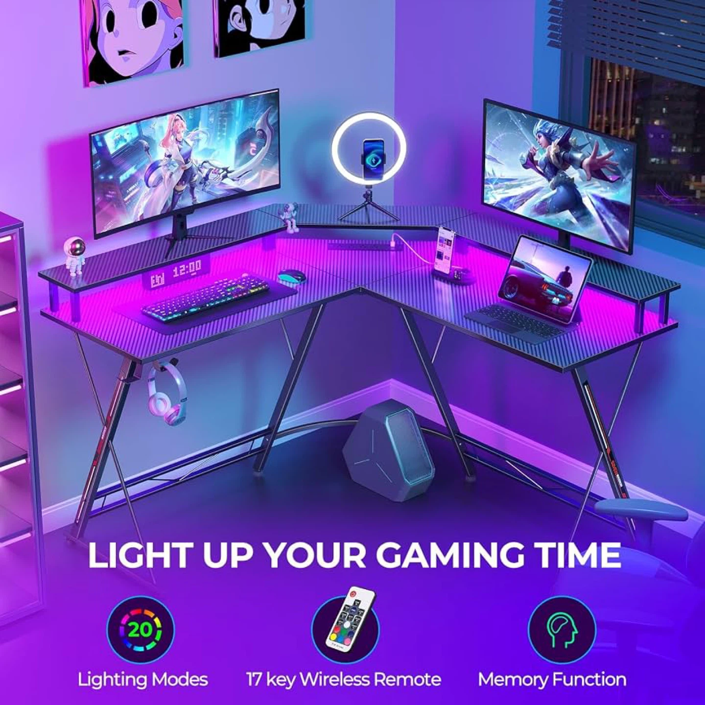 Gaming Desk with LED Lights & Power Outlet - photo 3