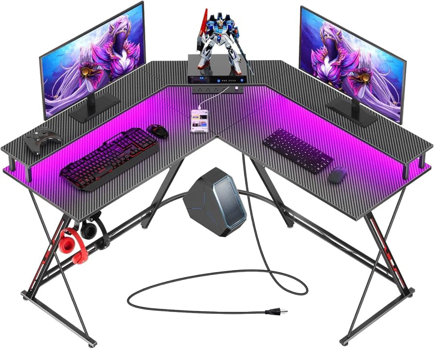 Gaming Desk with LED Lights & Power Outlet - photo 2