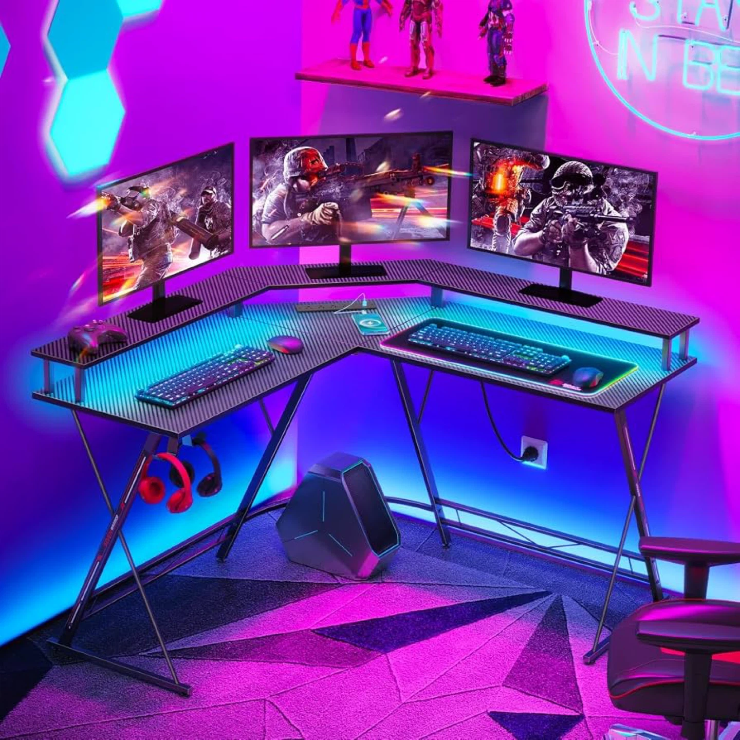 Gaming Desk with LED Lights & Power Outlet