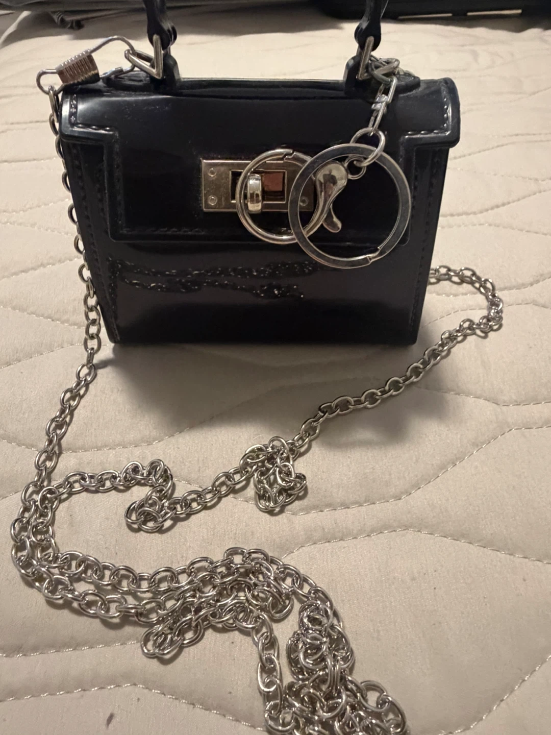Black patent mini handbag with silver chain - photo 2