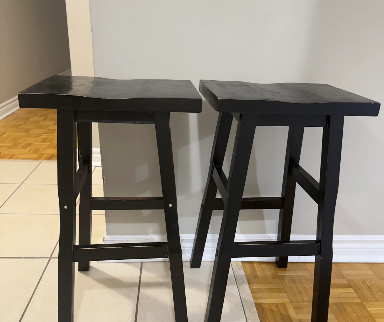 Two Black Wooden Bar Stools
