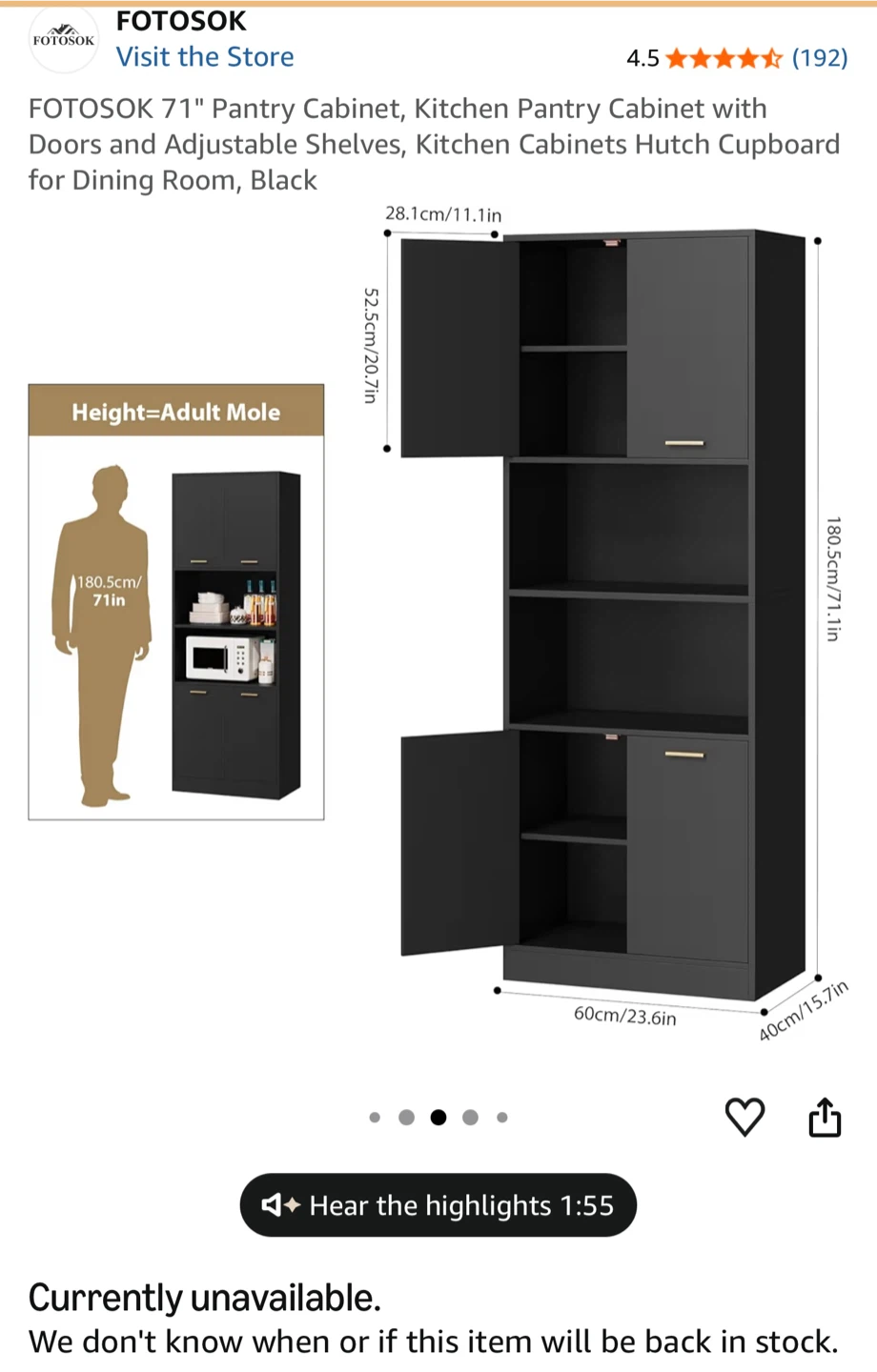 FOTOSOK 71" Black Pantry Cabinet with Doors & Adjustable Shelves - photo 3