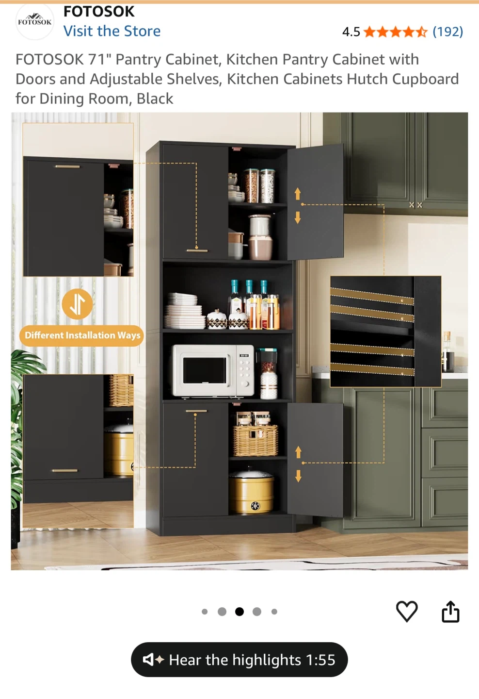 FOTOSOK 71" Black Pantry Cabinet with Doors & Adjustable Shelves - photo 4