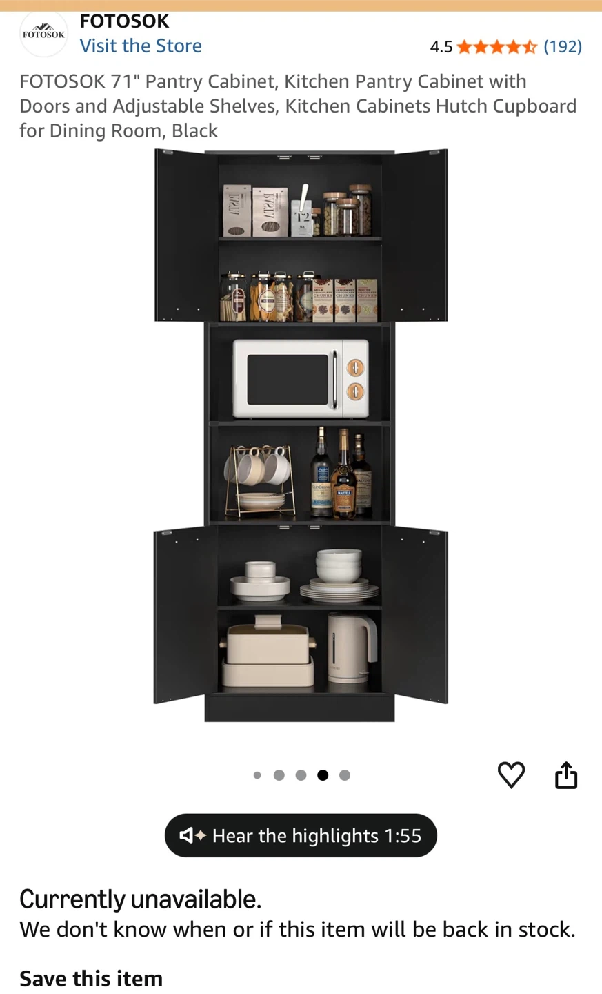 FOTOSOK 71" Black Pantry Cabinet with Doors & Adjustable Shelves - photo 5