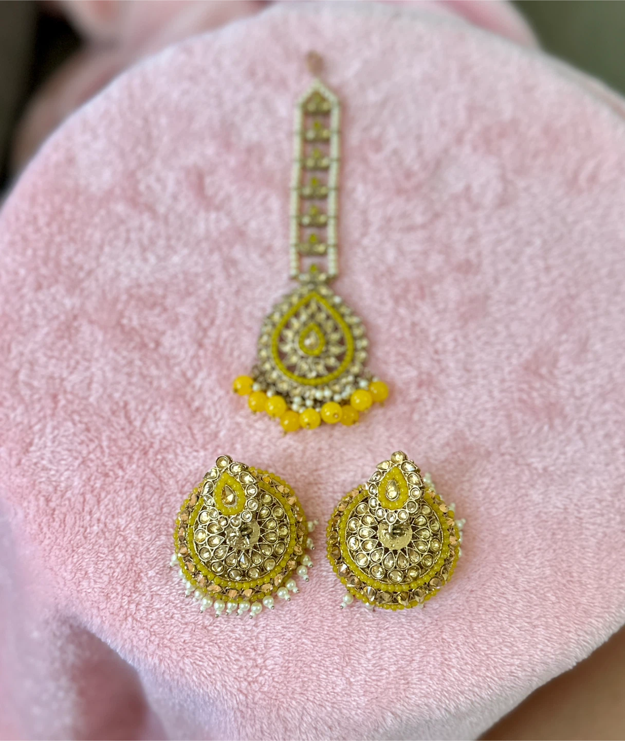 Yellow Pearl Maang Tikka and Earrings Set