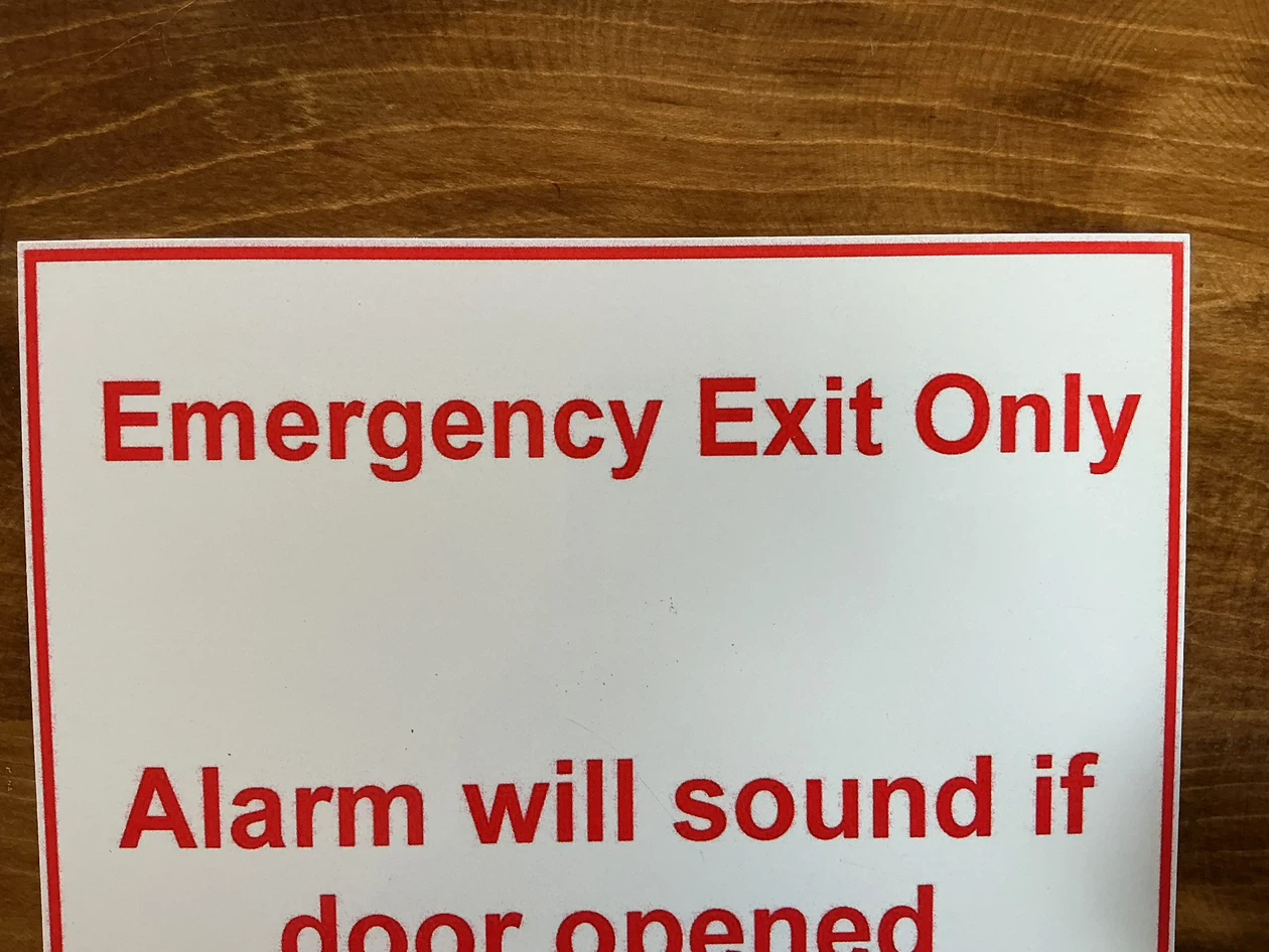Metal “Emergency Exit Only Alarm Sound If Door Opened” Sign - photo 2