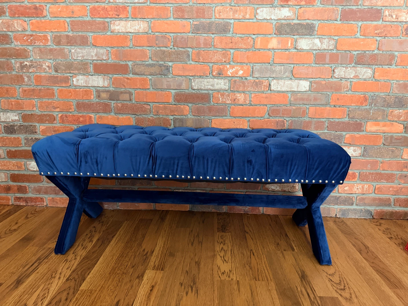 Blue Velvet Tufted Bench
