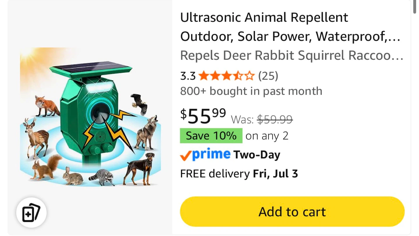 Ultrasonic Animal Repellent - Solar Powered & Waterproof