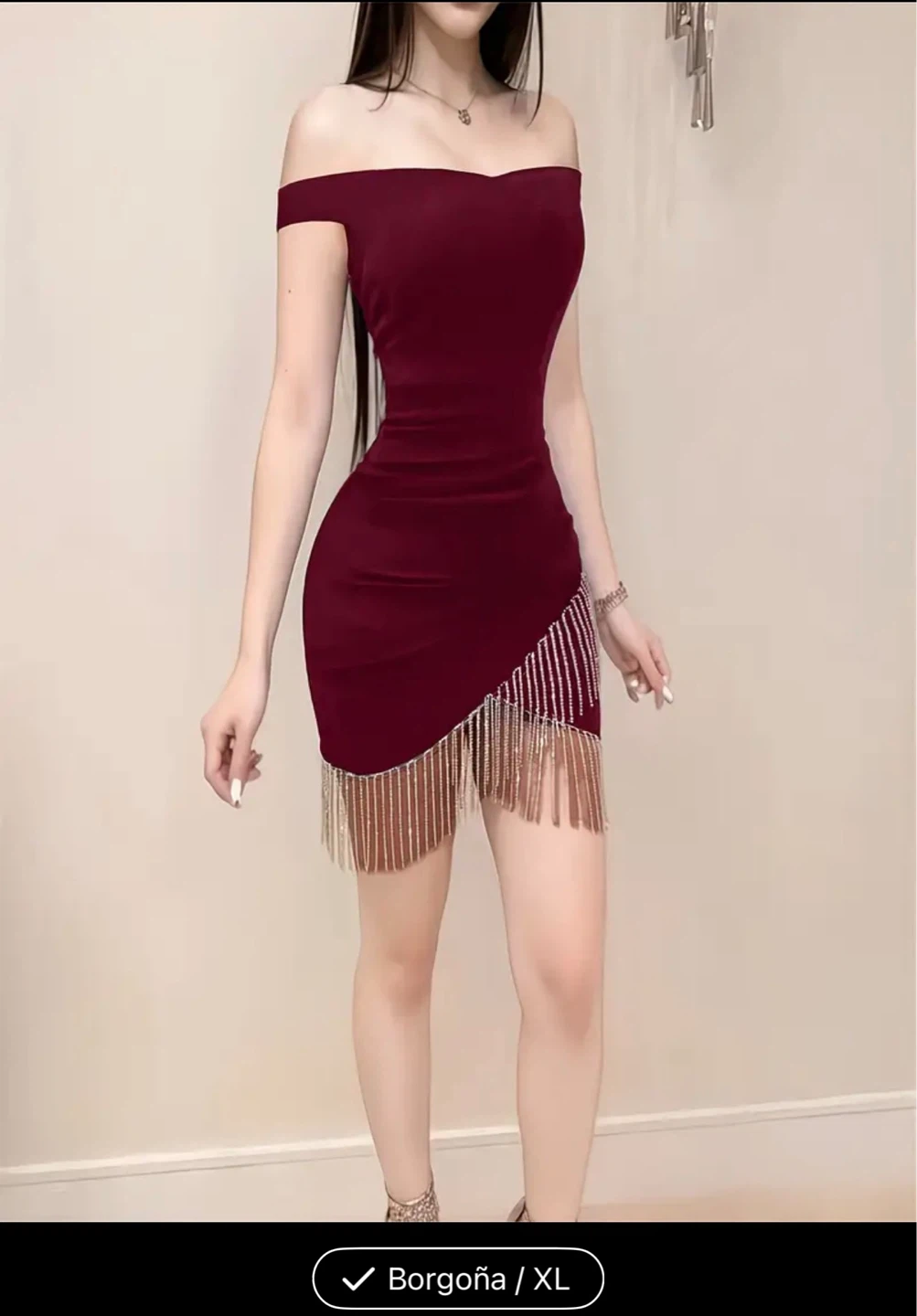 Off-the-Shoulder Mini Dress with Rhinestone Fringe - XL - photo 2
