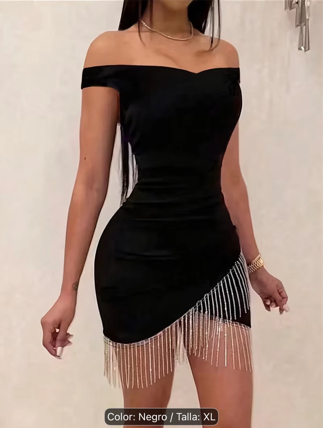 Off-the-Shoulder Mini Dress with Rhinestone Fringe - XL - photo 5