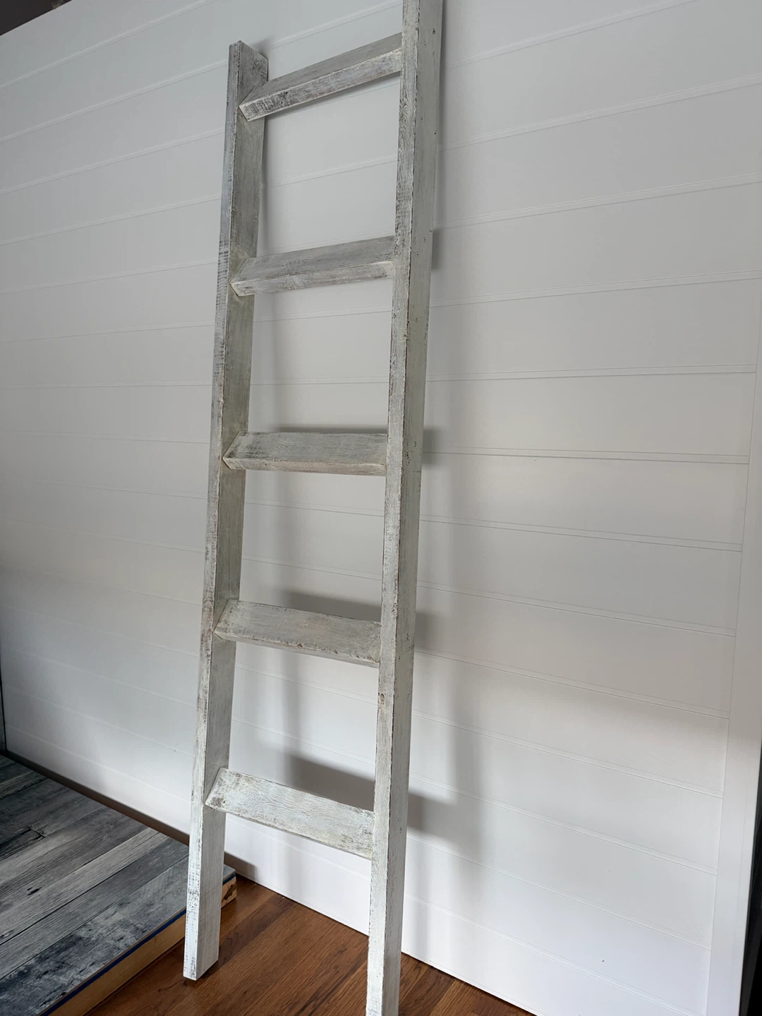 Distressed White Wooden Ladder Shelf