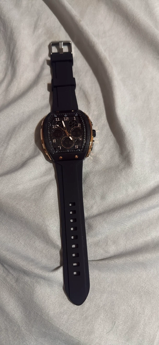 Black Chronograph Watch with Rose Gold Accents