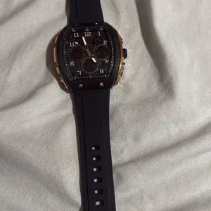 Black Chronograph Watch with Rose Gold Accents