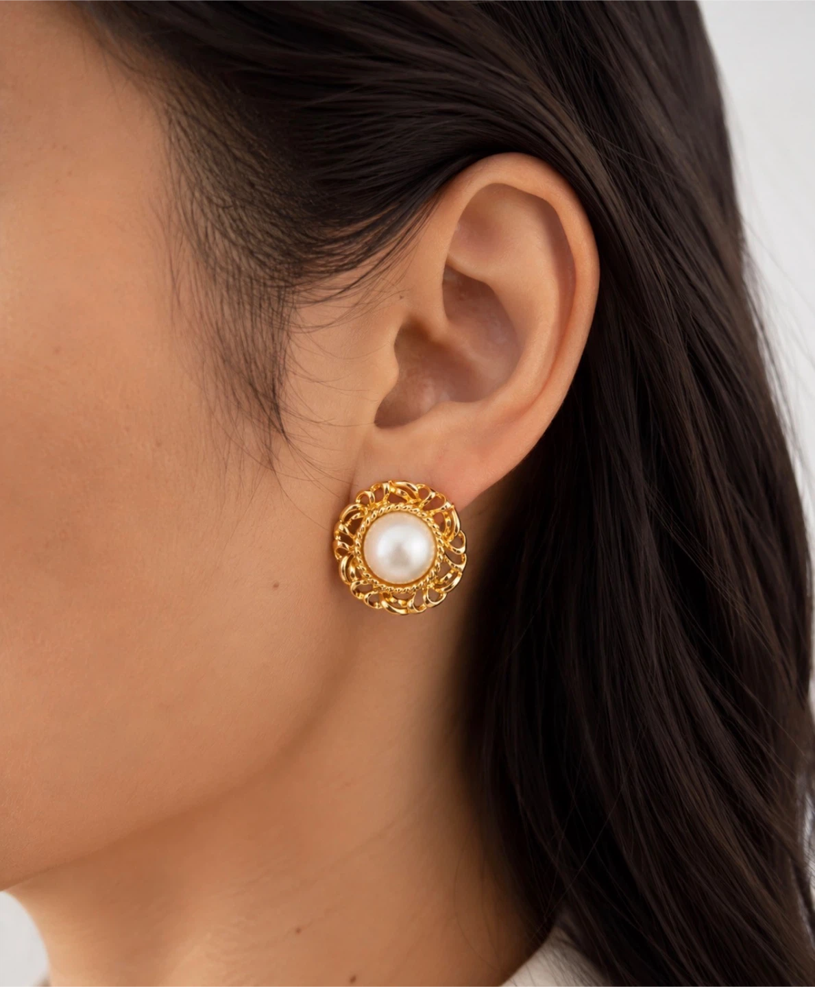 Vintage Alfred Sung Gold Filigree Pearl Clip‑On Earrings
