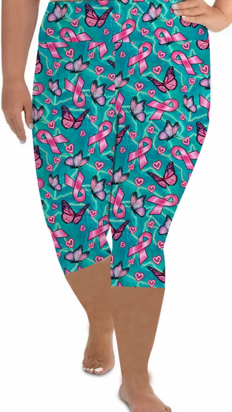 Women's Butterfly and Pink Ribbon Capri Leggings