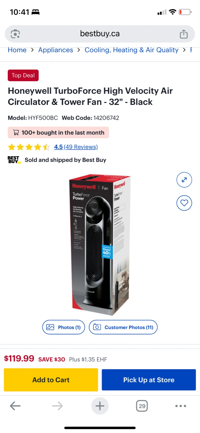 Honeywell TurboForce High Velocity Tower Fan - Black