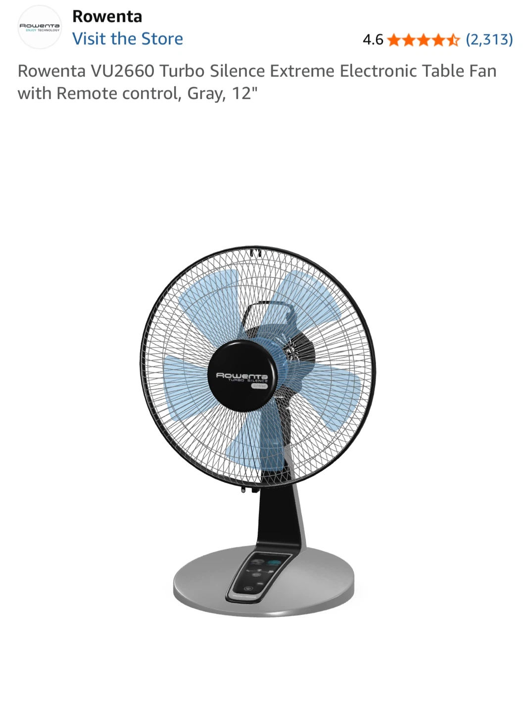 Rowenta VU2660 Turbo Silence Electronic Table Fan - Gray, 12"