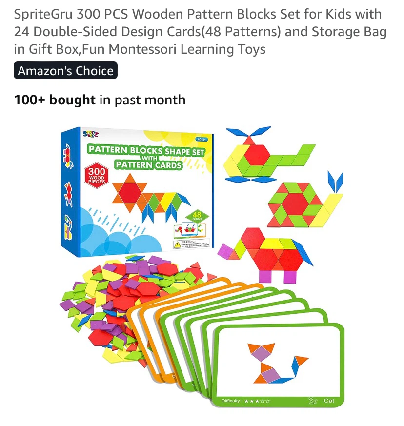 New Montessori Wooden Pattern Blocks Set 300 Pieces