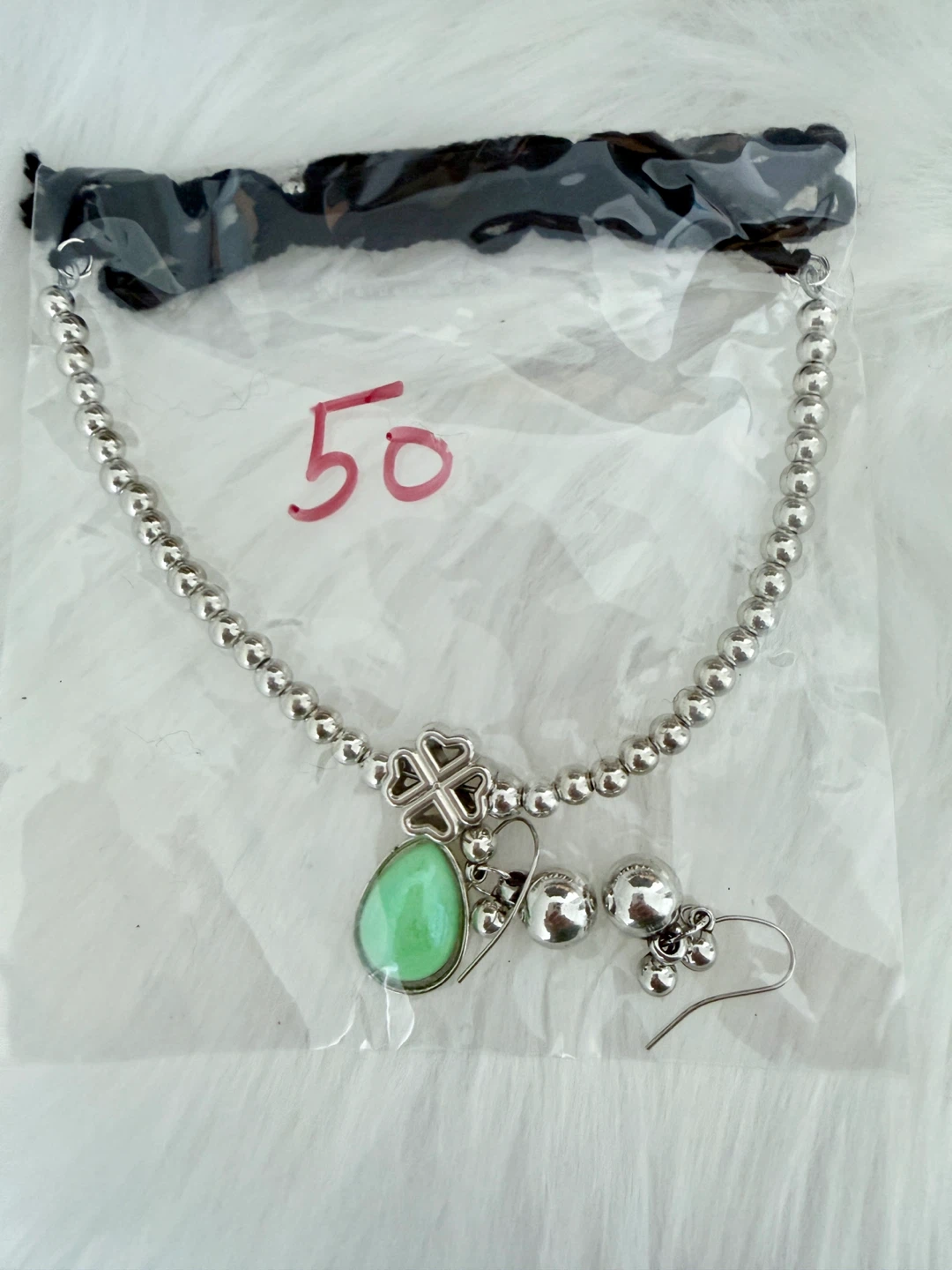 Beaded Necklace with Clover Charm and Dangle Earrings Set
