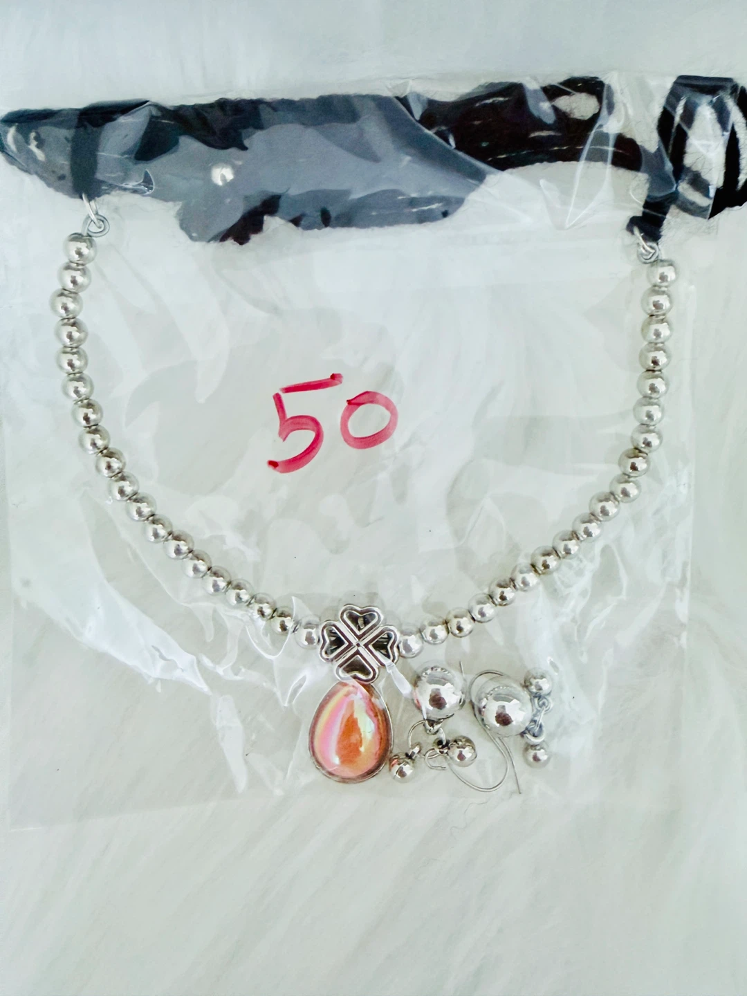 Beaded Necklace with Clover Charm and Dangle Earrings Set - photo 2