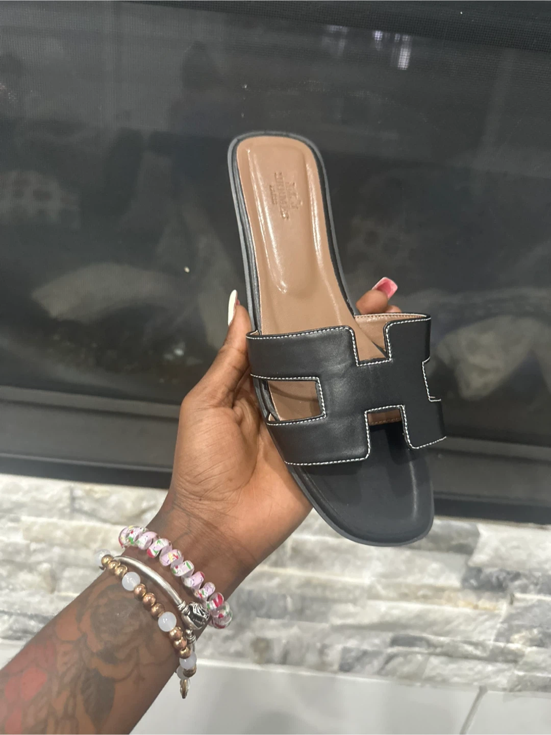 Hermès Black Leather H Slides Sandals