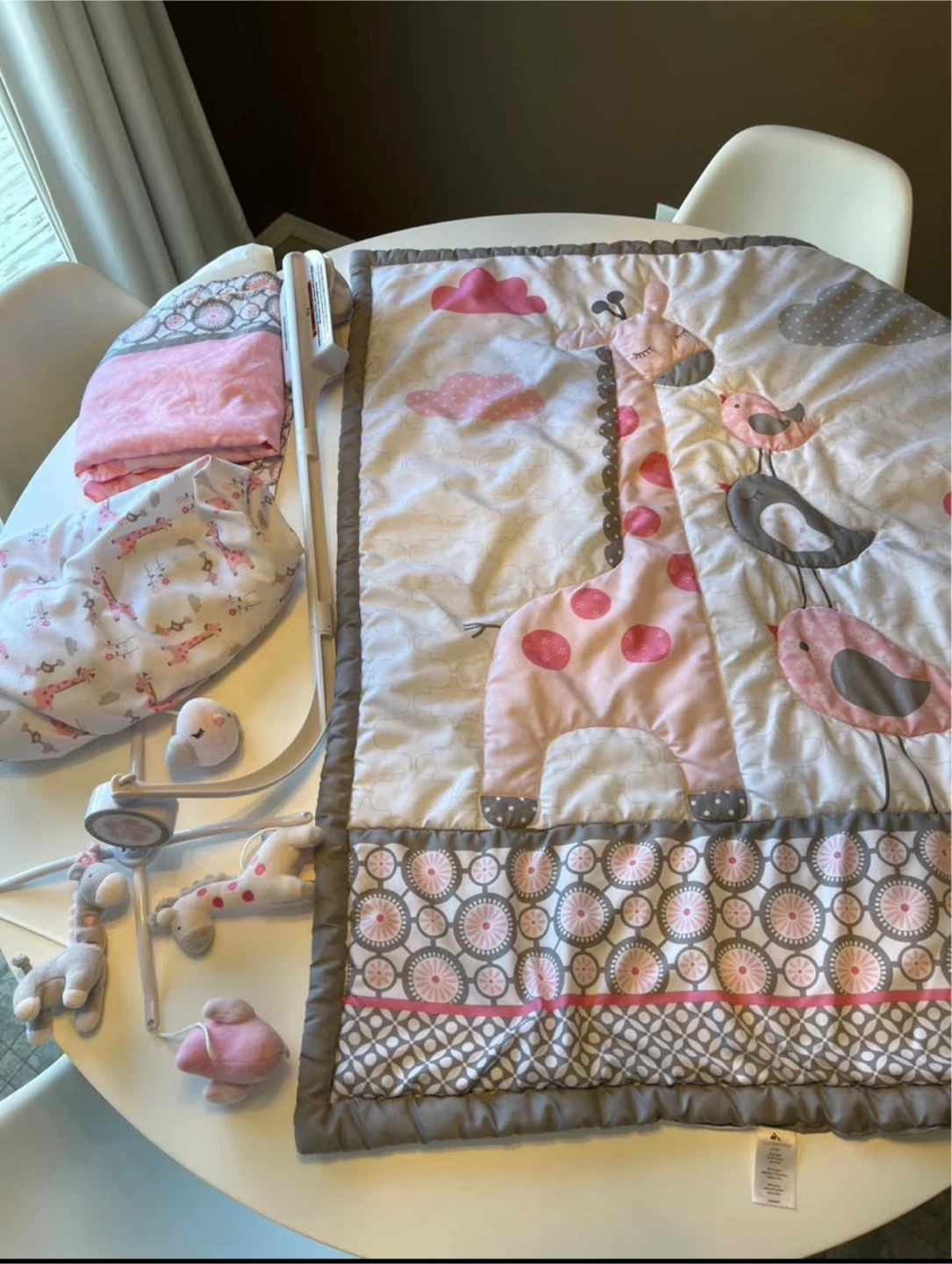 Baby Bedding Set with Mobile - Pink Giraffe & Birds