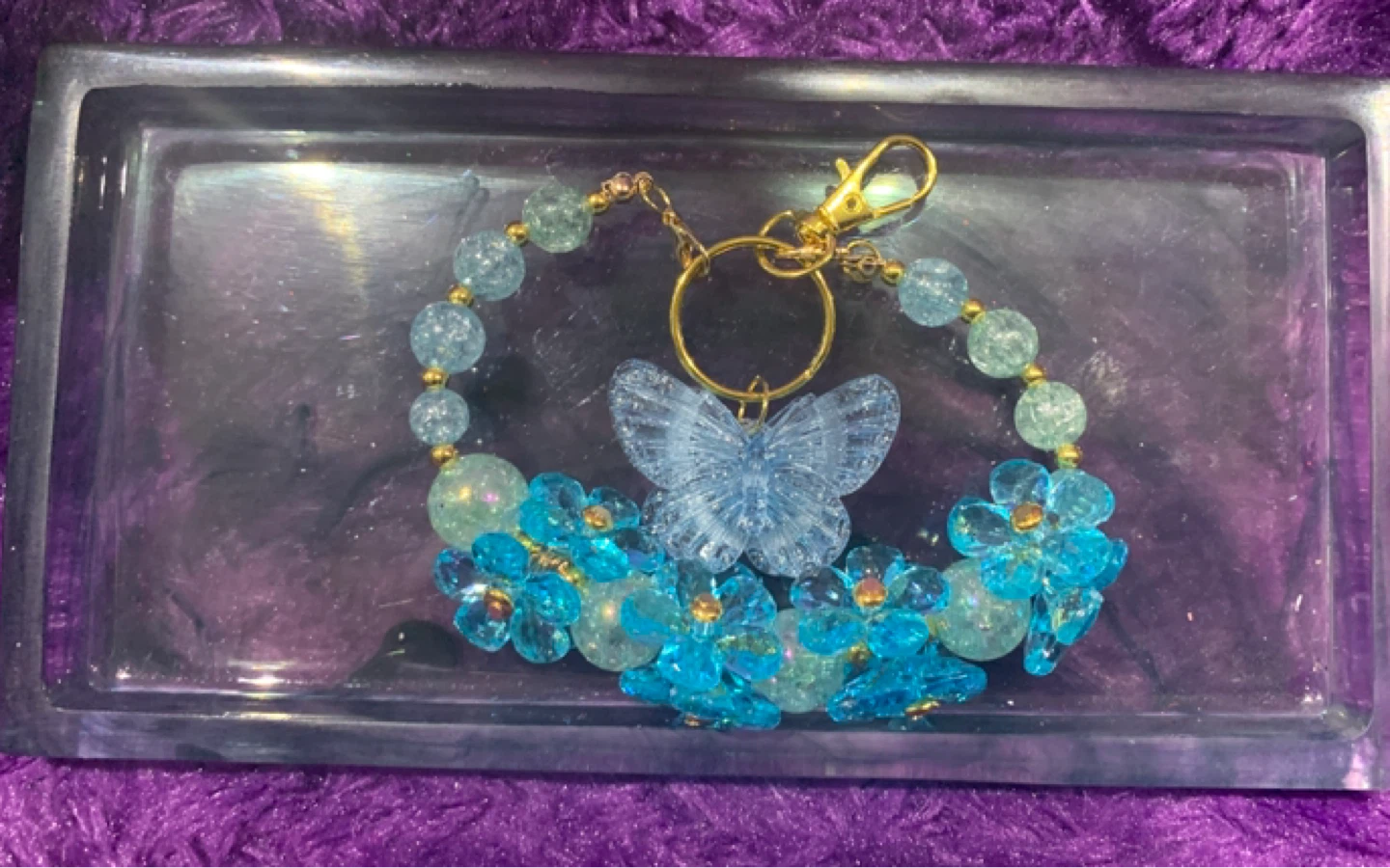 Blue Butterfly & Flower Beaded Keychain