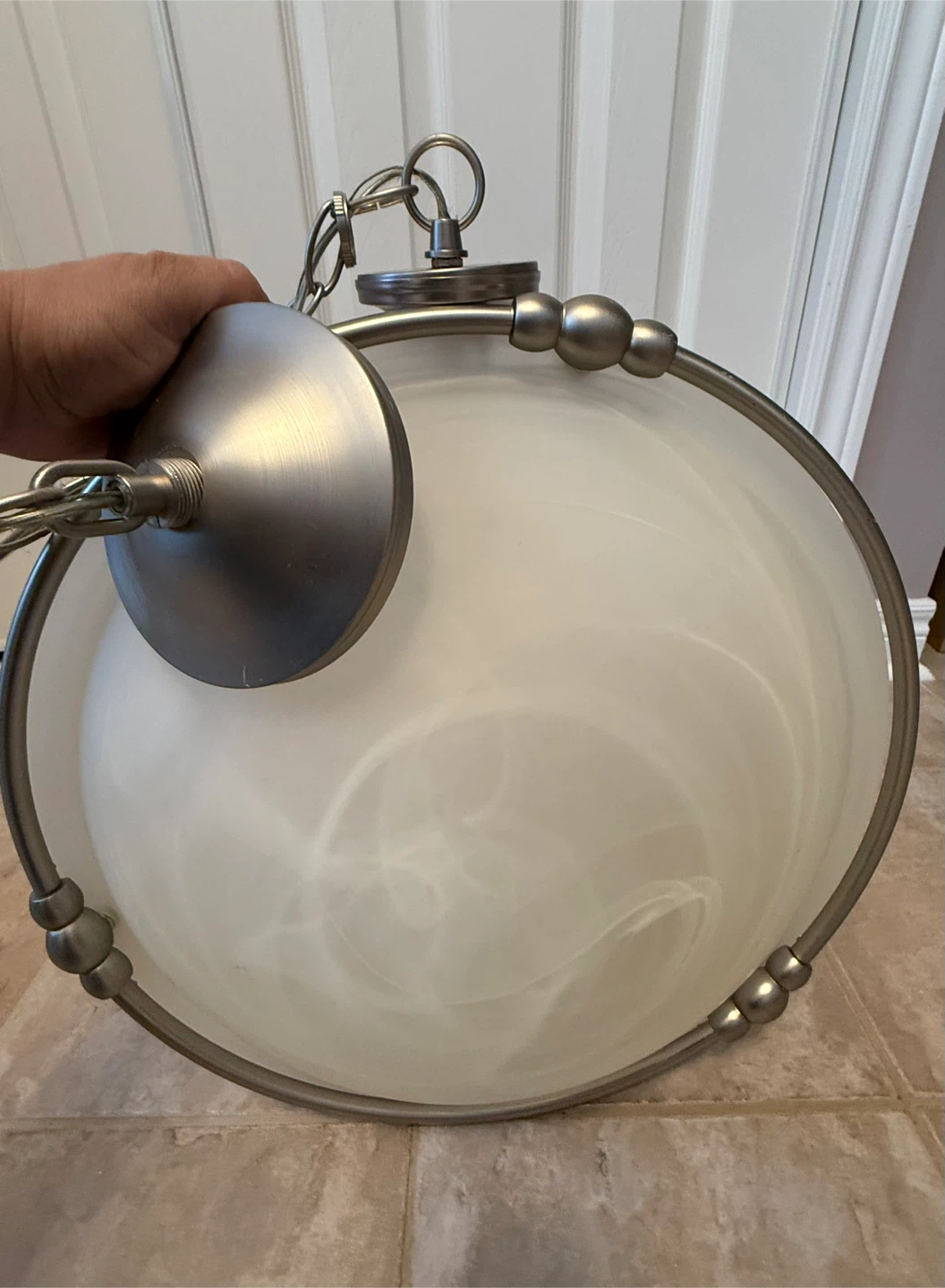 Satin Nickel 3 Light Pendant Light Fixture; 18 inch glass shade - photo 2