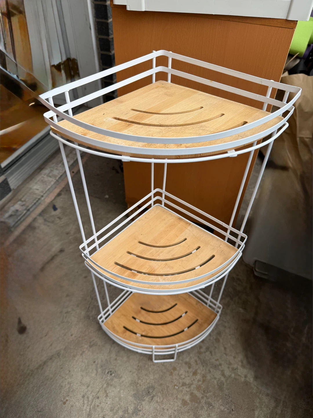White 3-Tier Corner Shelf Unit with Wood Shelves