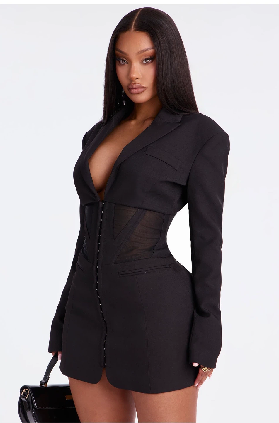 Black Blazer Dress with Corset Detail