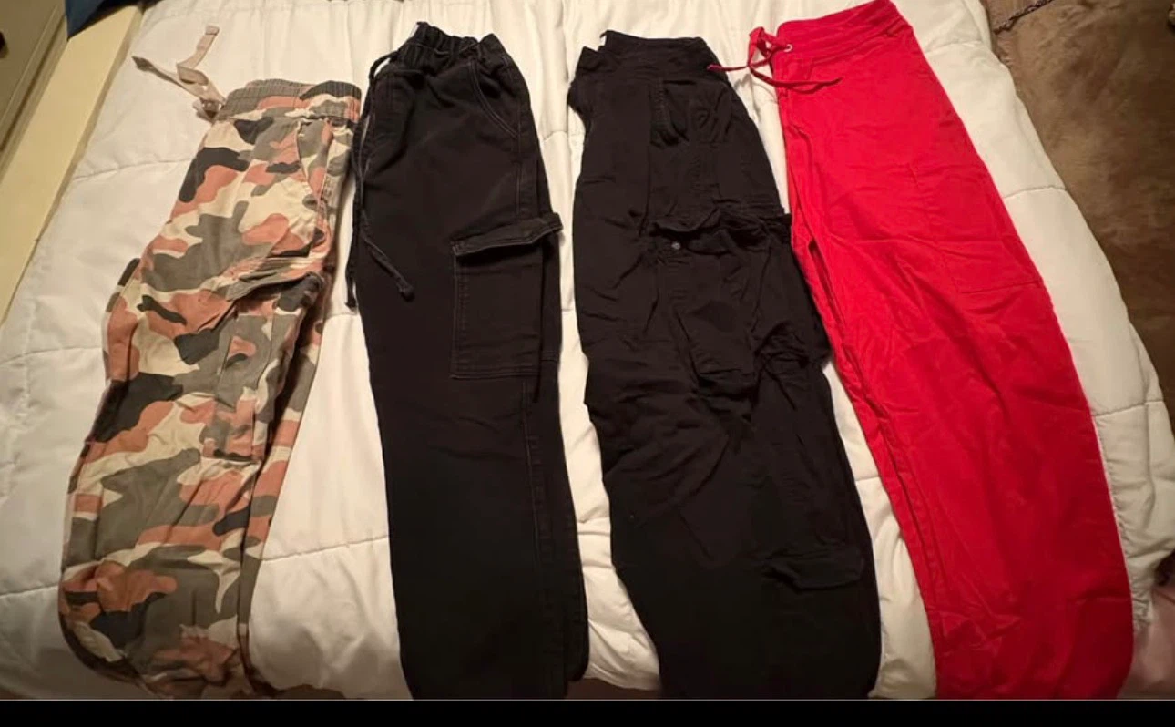 Four Pairs of Cargo Pants (2 Black, 1 Camo, 1 Red)