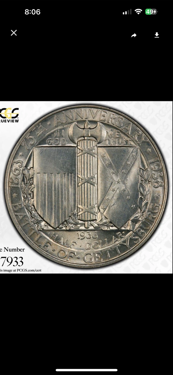 1936 PCGS MS64 Gettysburg Blue and Gray Reunion 50C Silver Coin - photo 4