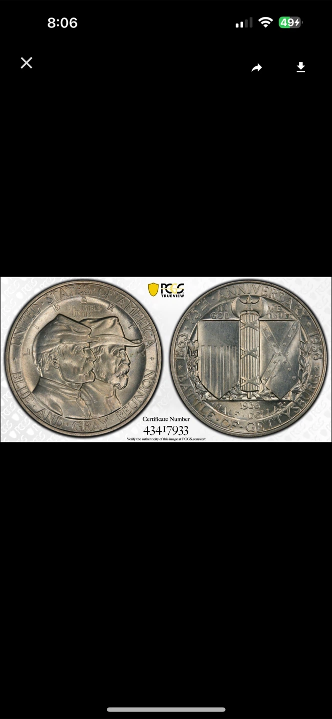 1936 PCGS MS64 Gettysburg Blue and Gray Reunion 50C Silver Coin - photo 5