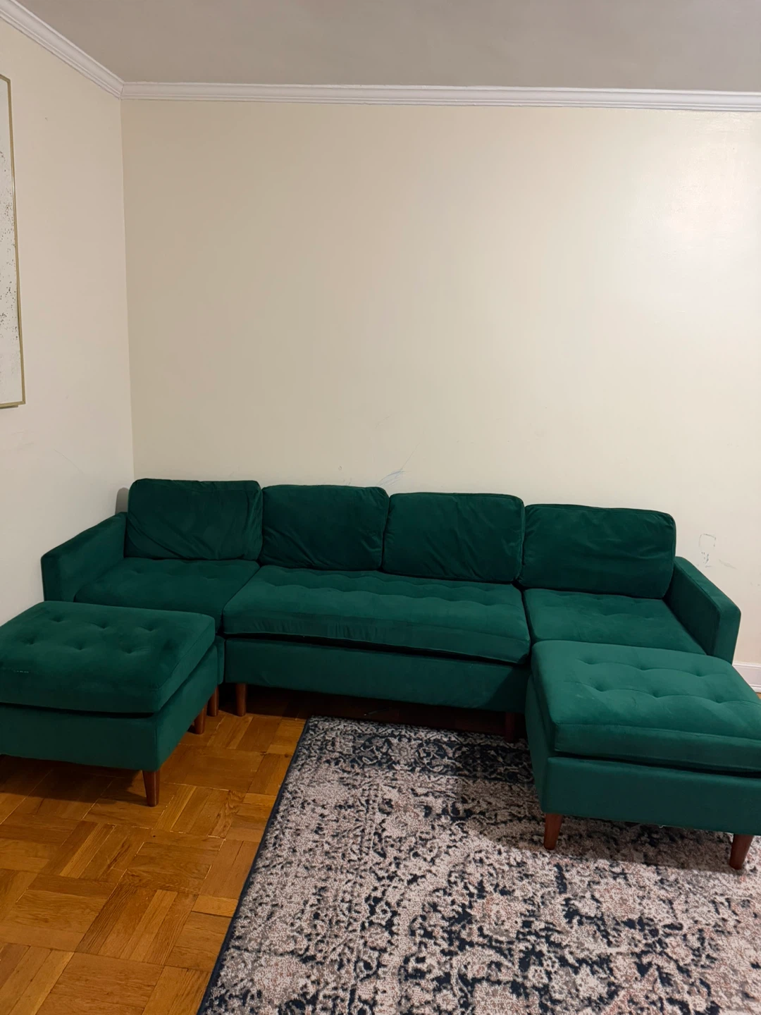 Green Velvet Sectional Sofa with Ottomans