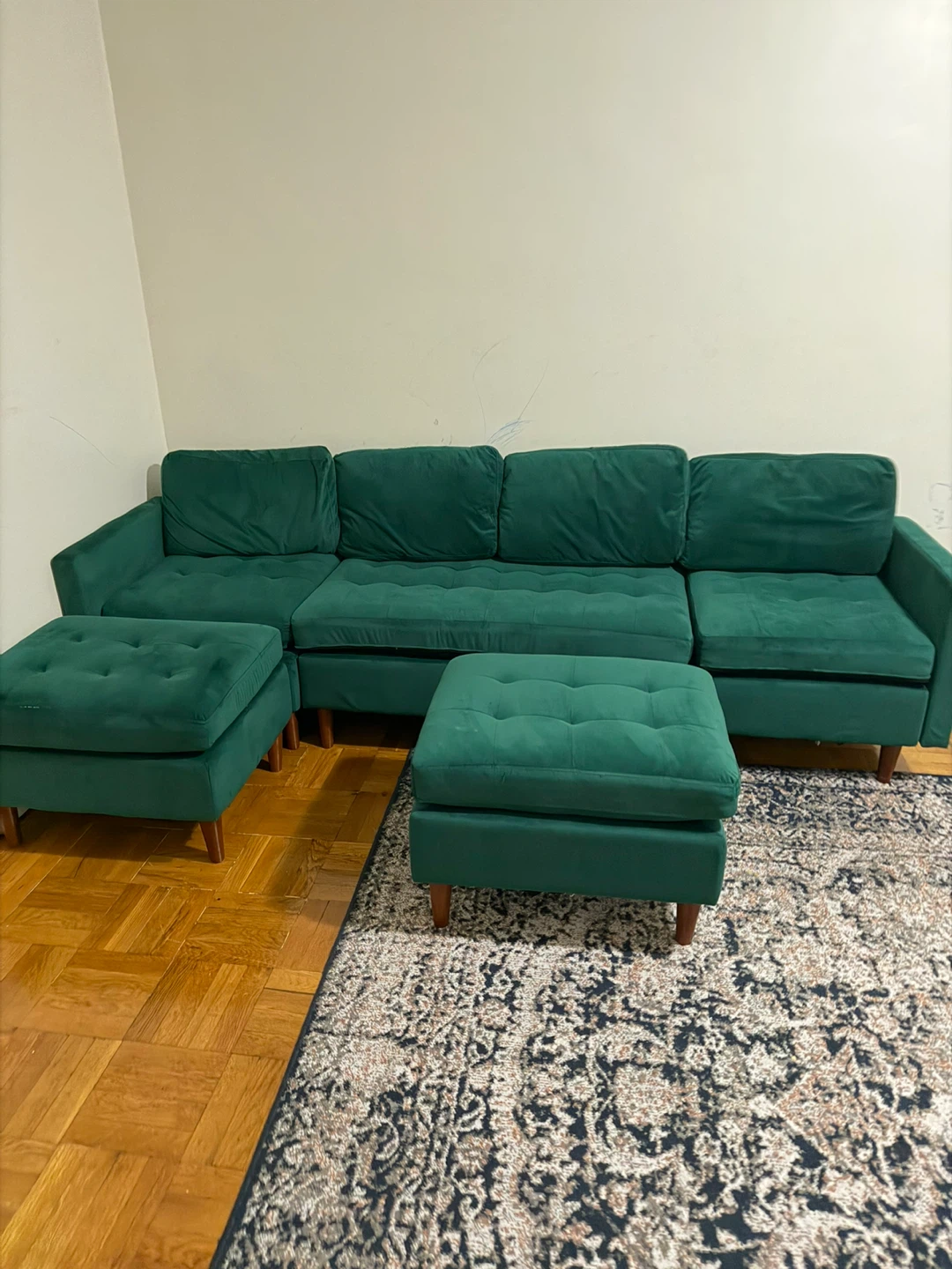Green Velvet Sectional Sofa with Ottomans - photo 2