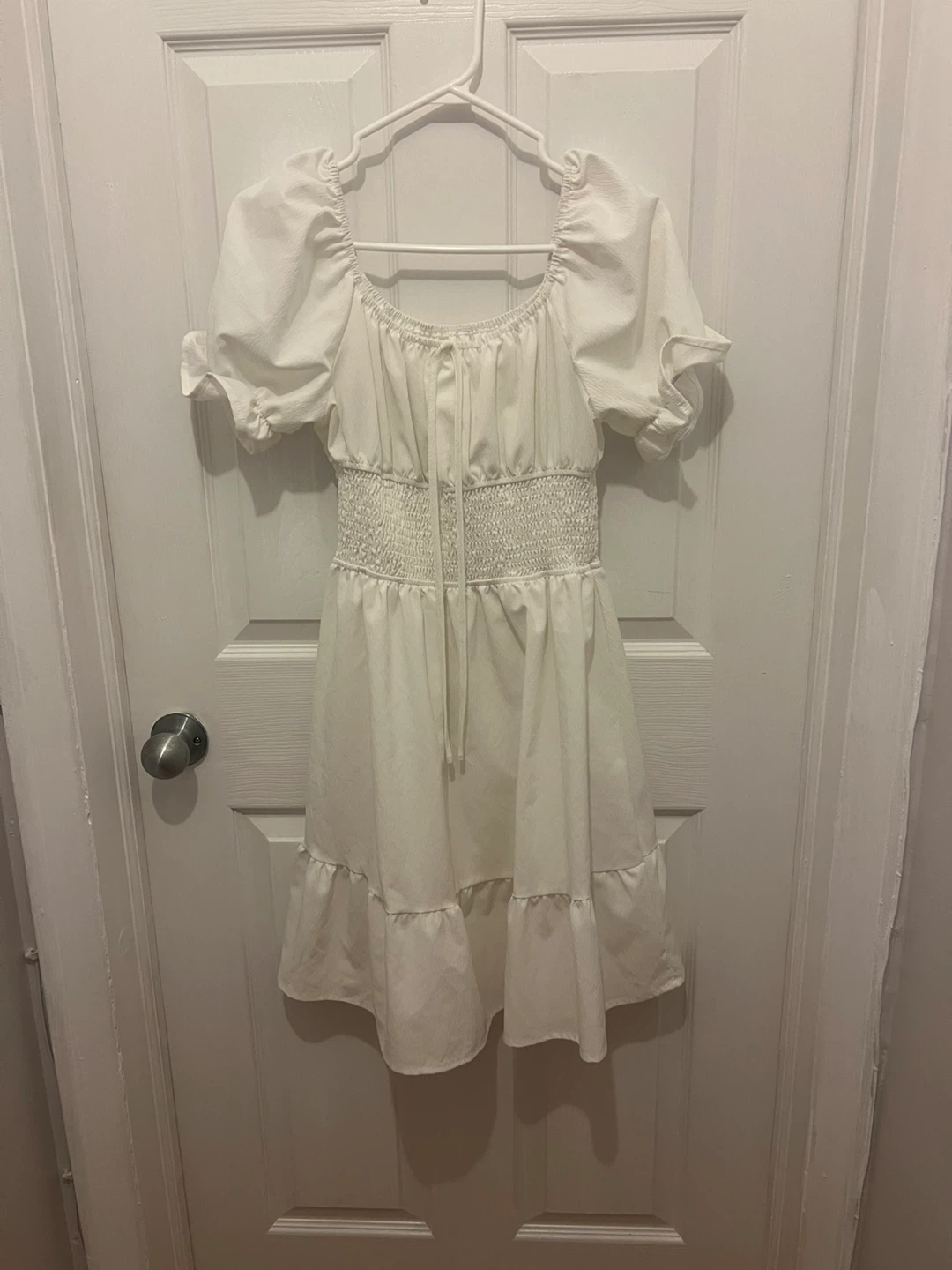 White Puff Sleeve Smocked Dress