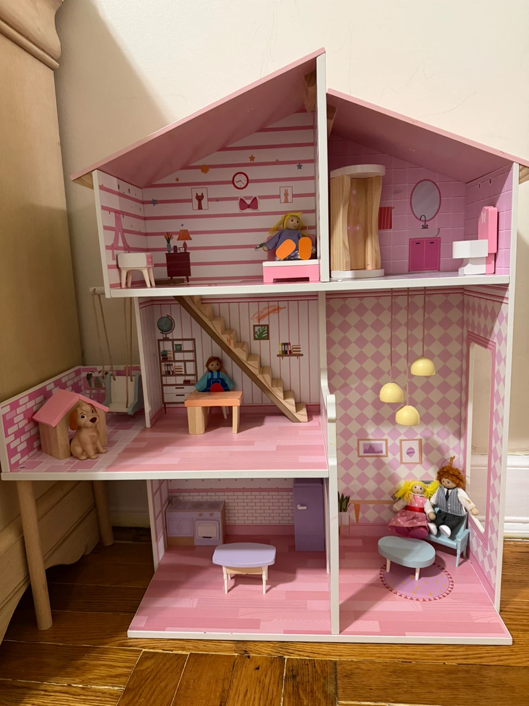 Wooden Dollhouse with Furniture and Dolls