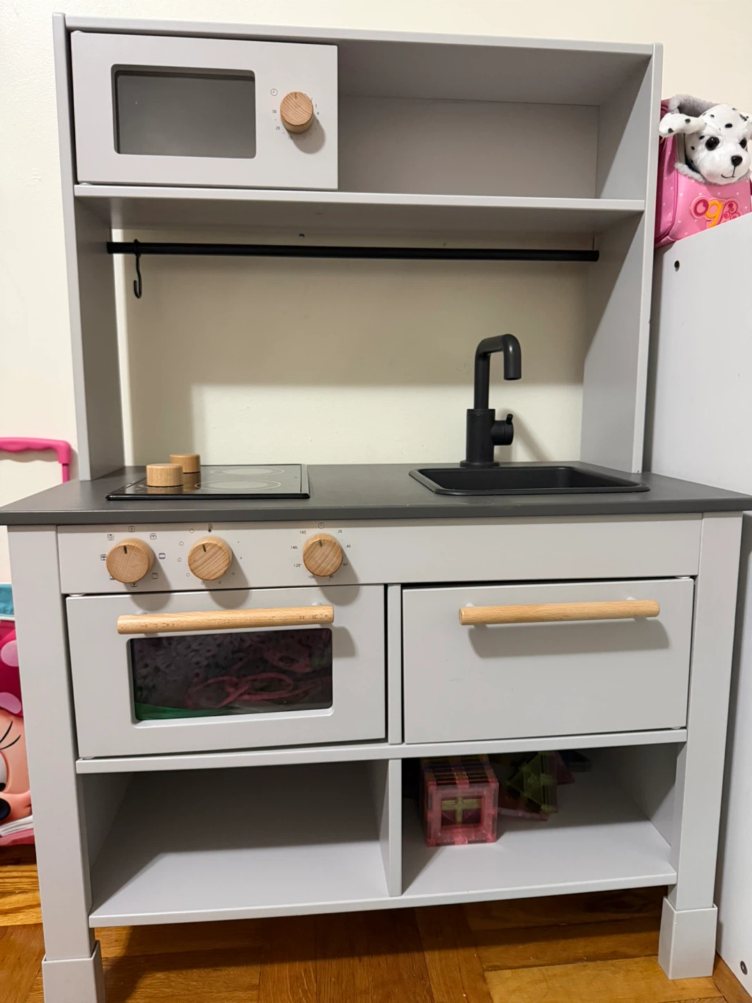 Gray Wooden Play Kitchen with Microwave and Sink