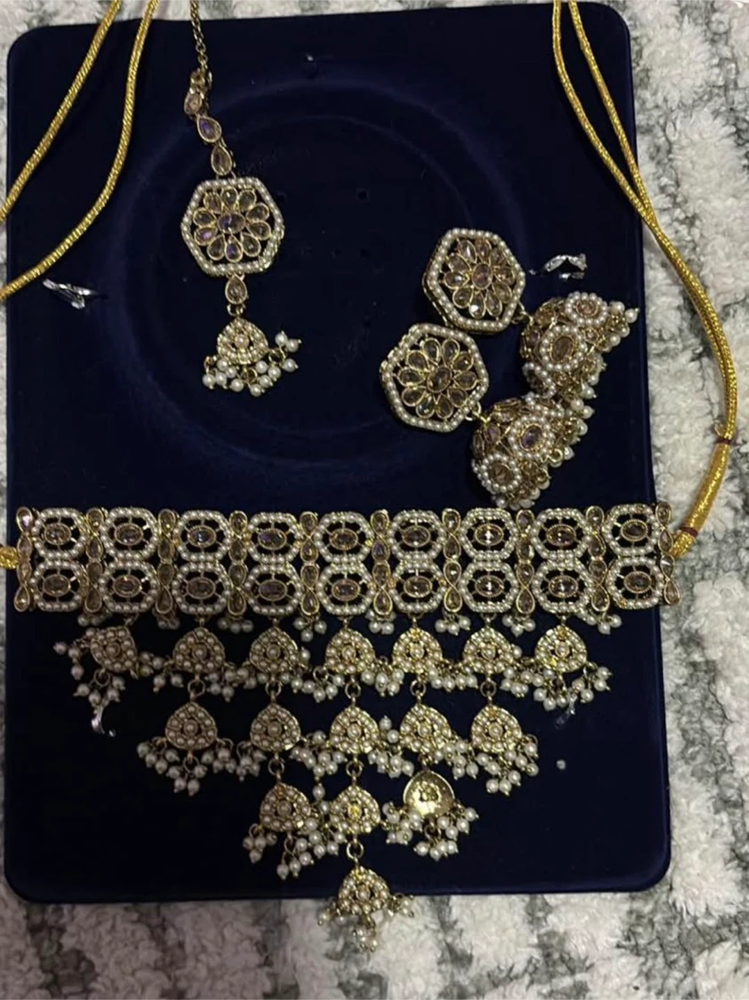 Gold Choker Necklace Set with Earrings and Tikka