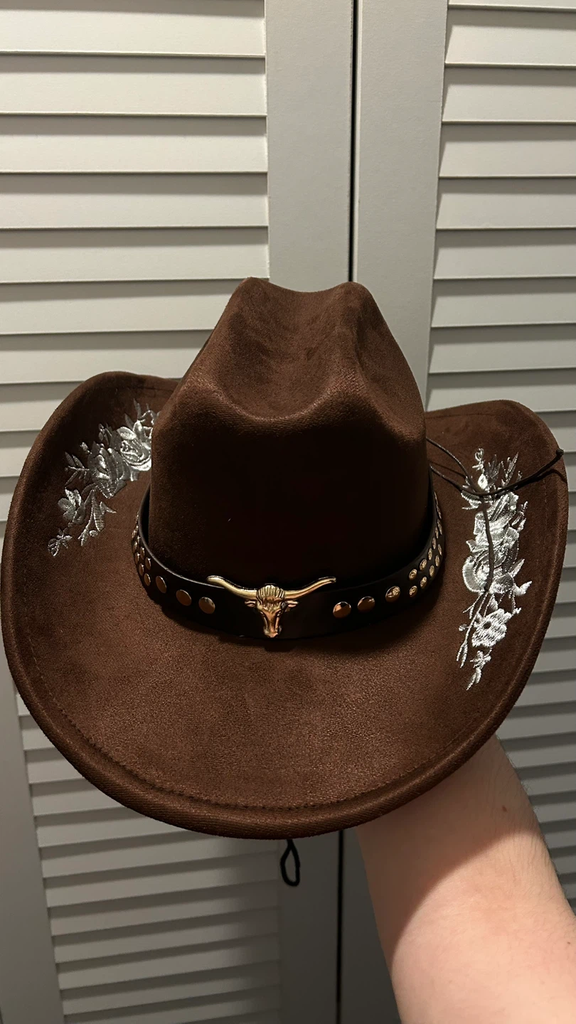 Brown Cowboy Hat with Studs and Bull Skull