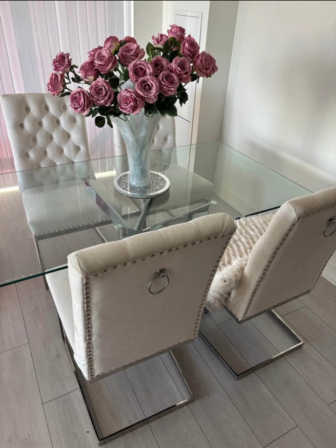 Glass Dining Table with 4 Tufted Velvet Chairs