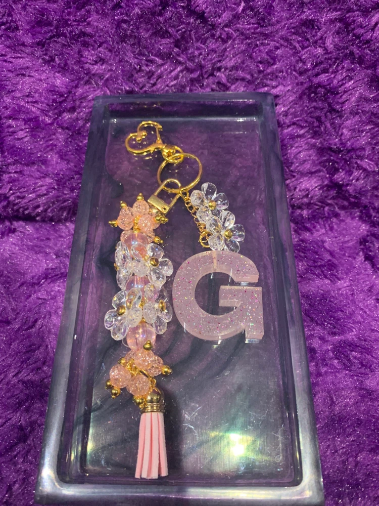 Pink Glitter Initial 'G' Keychain with Tassel
