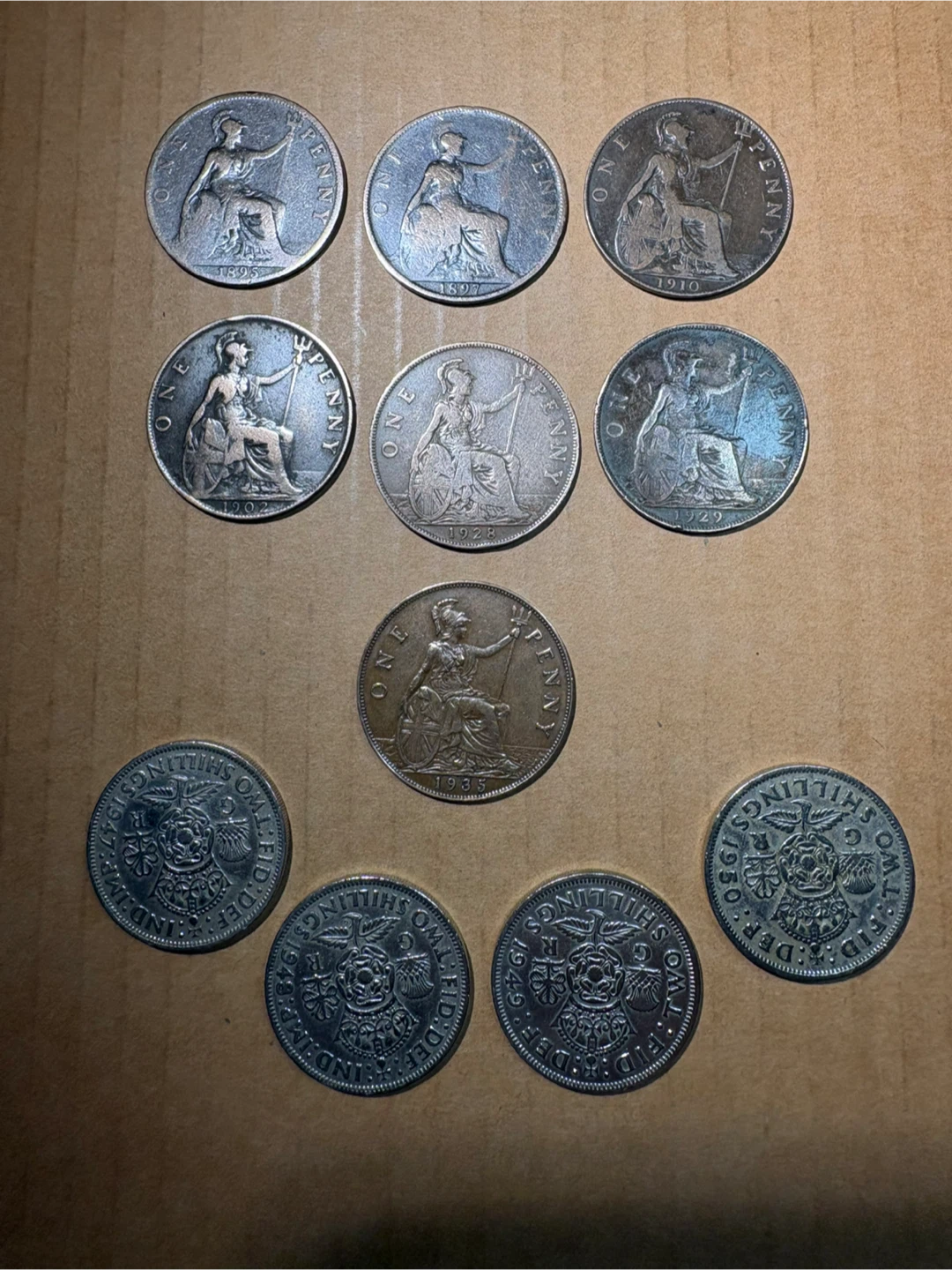 Collection of 11 Vintage British Pennies and Shillings