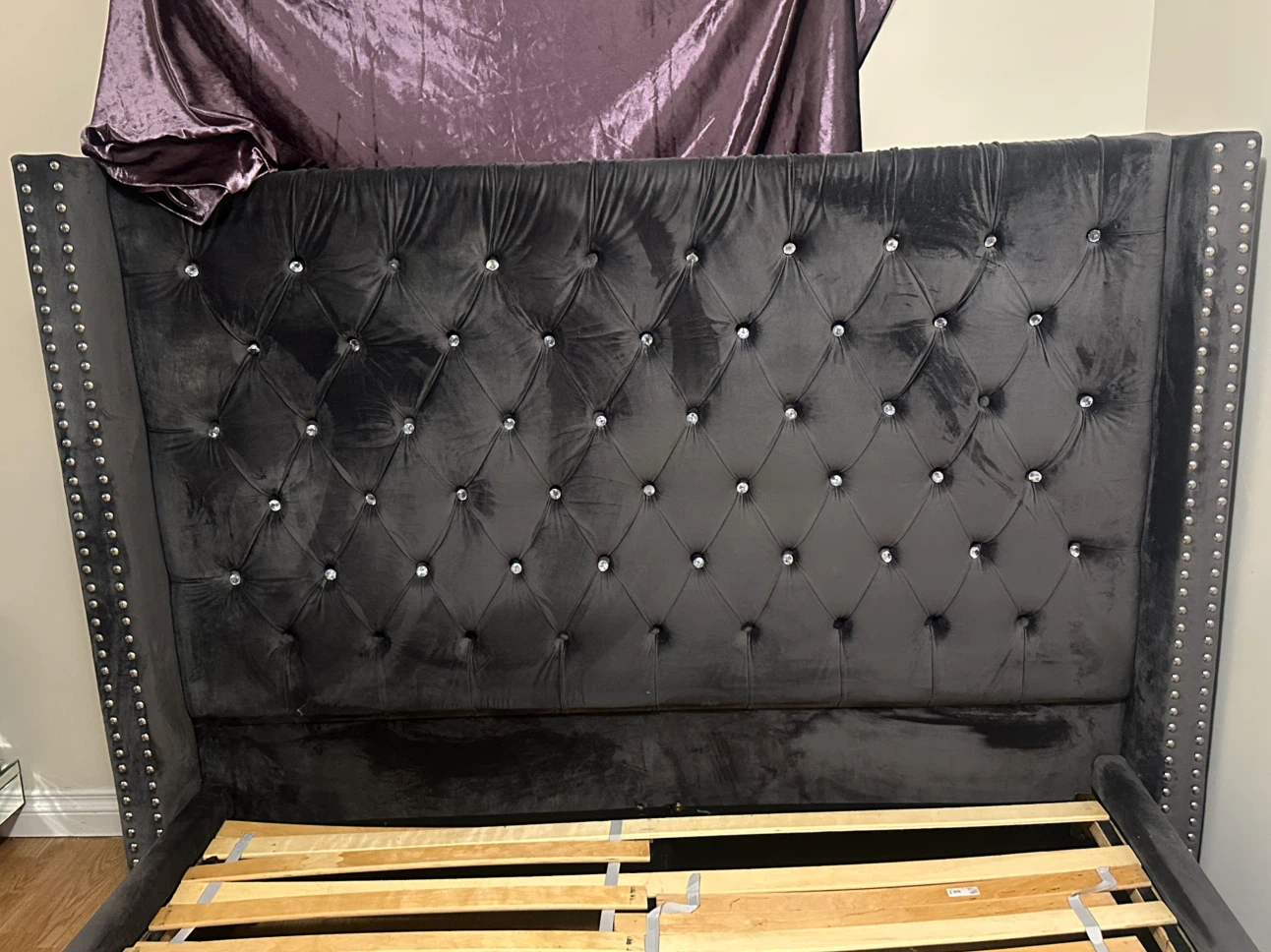 Velvet Tufted Bed Frame with Crystal Accents