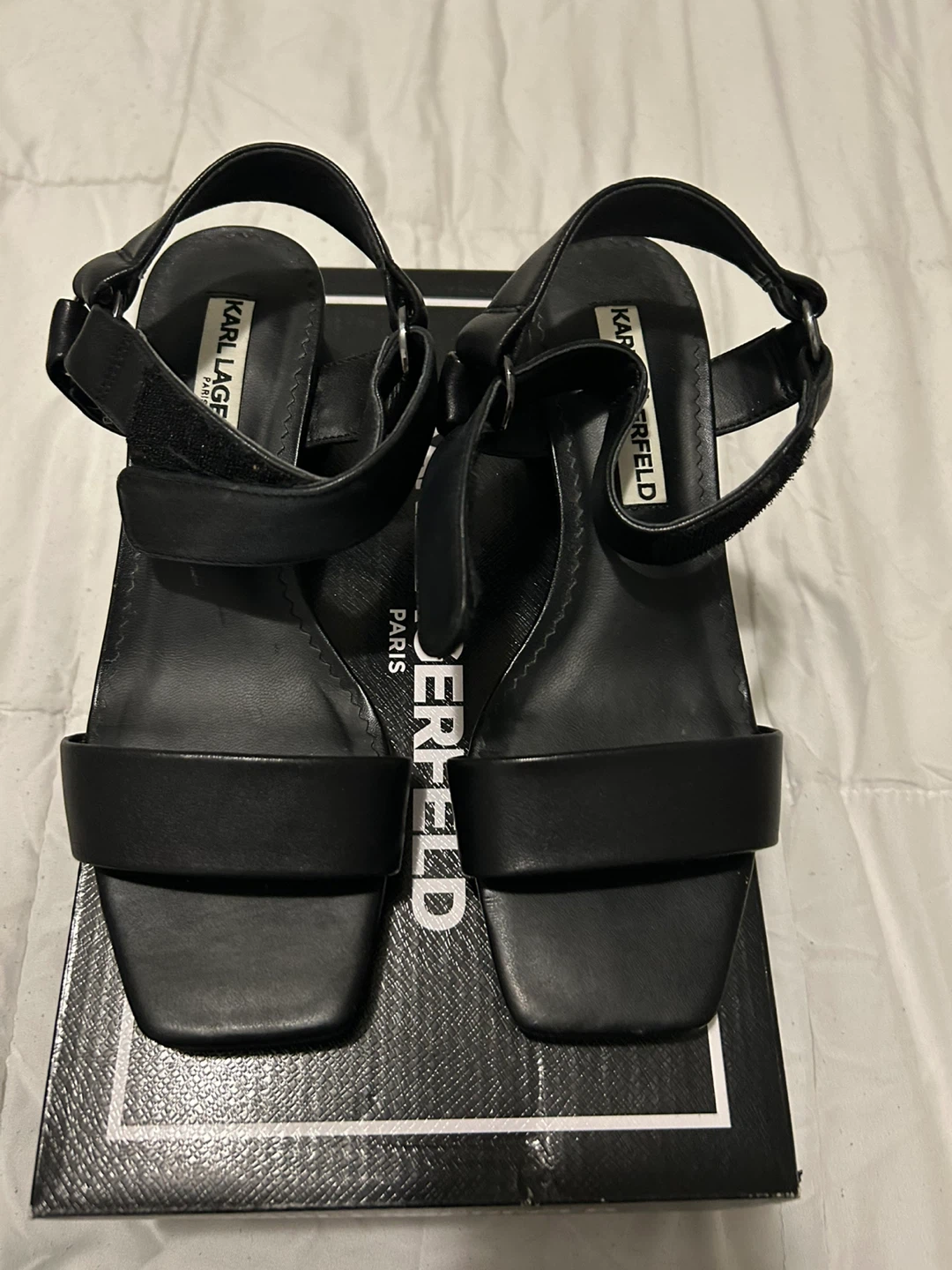 Karl Lagerfeld Black Leather Block Heel Sandals