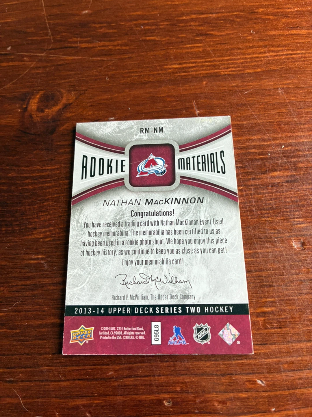 2013-14 Upper Deck Nathan MacKinnon Rookie Materials Hockey Card - photo 2