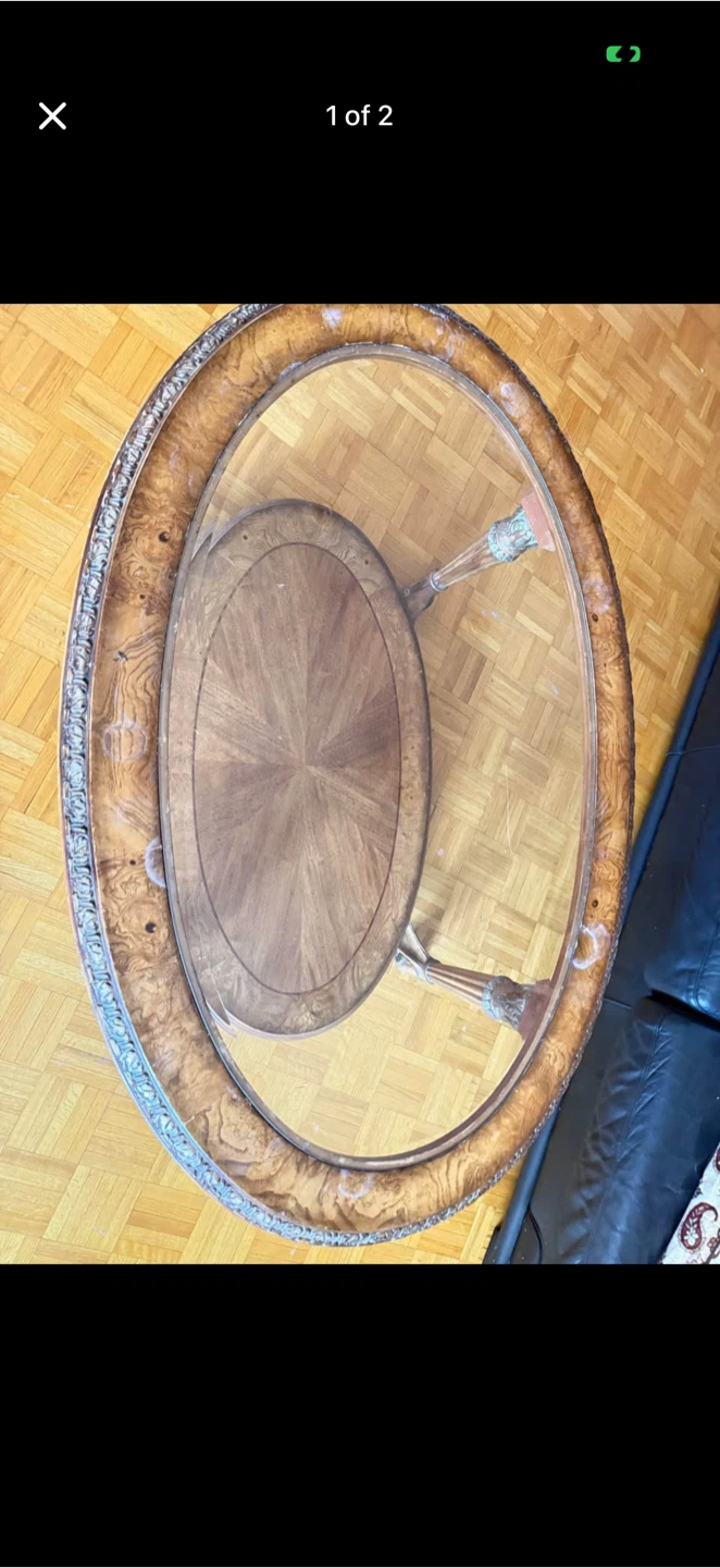 Oval Burled Wood and Glass Coffee Table