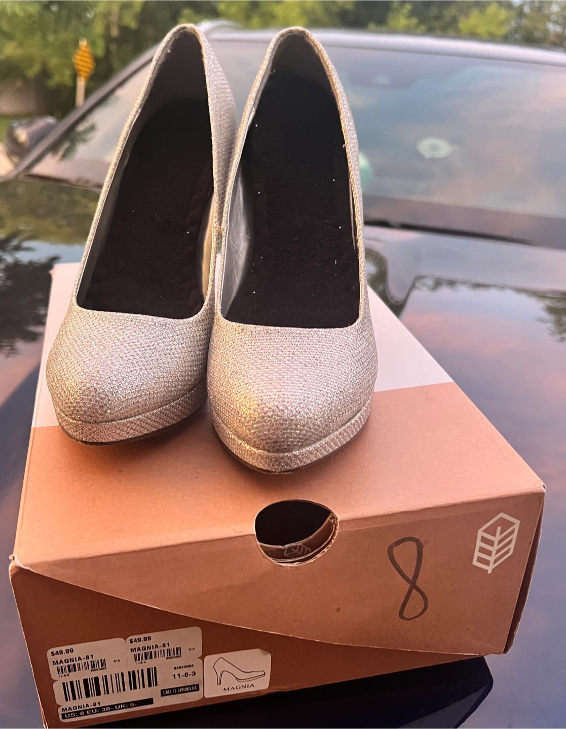 Call It Spring Silver Glitter Heels Size 8