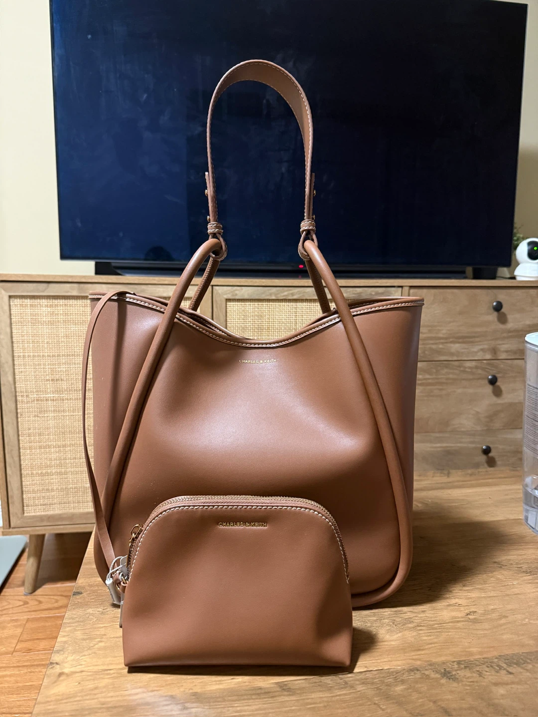 Charles & Keith Brown Tote Bag with Pouch