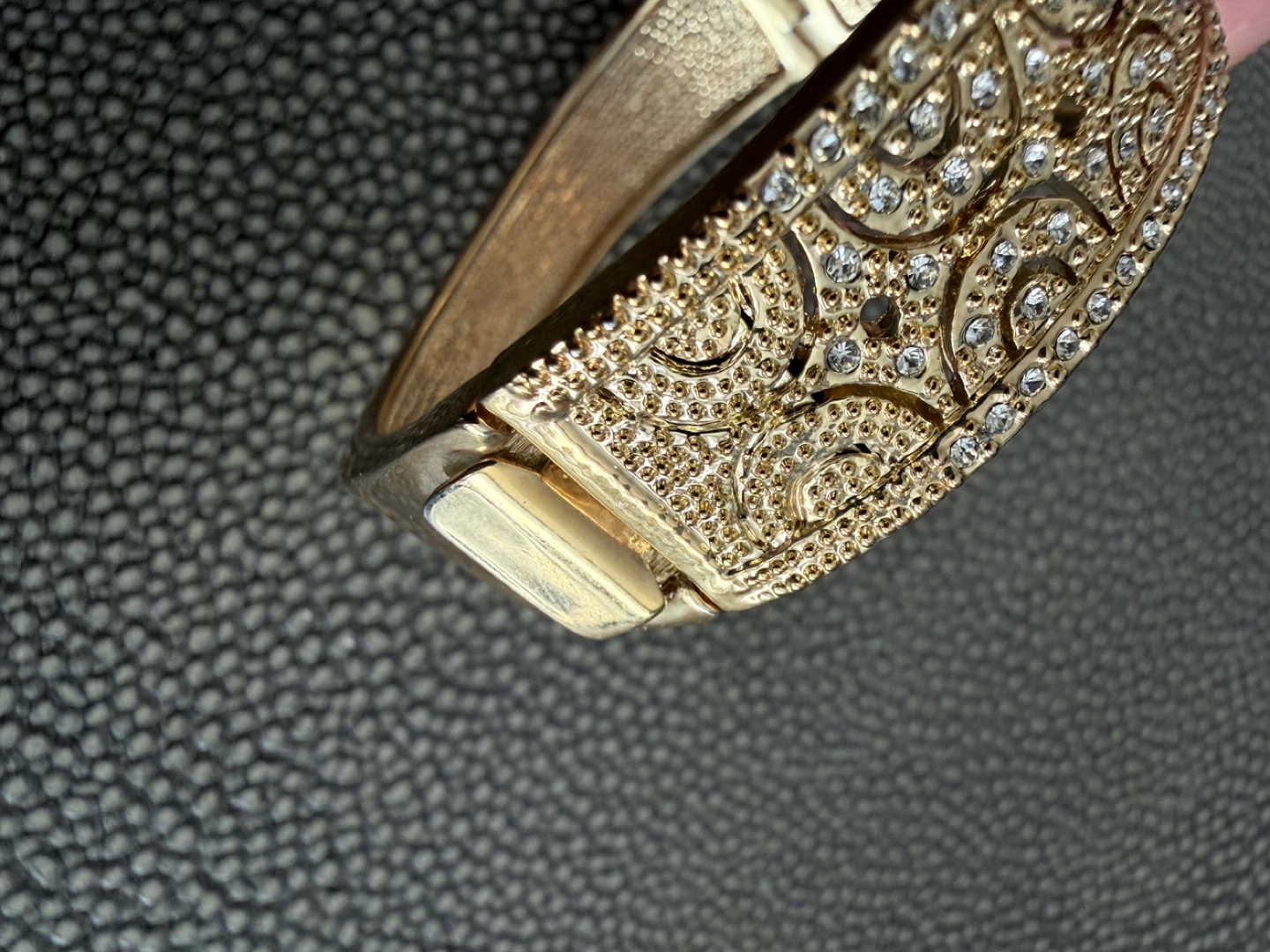 Gold Tone Hinged Bangle Bracelet with Rhinestones - photo 3